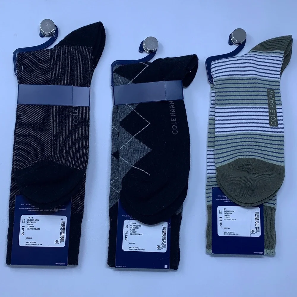 Cole Haan Mens 10-13 Multicolor Argyle Stripe Dot 3 Pair Lot Dress Crew Socks
